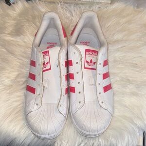 Adidas Kids White Sneakers with Pink Stripes